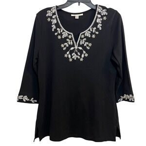 JM Collection Black Sequin Embellished Floral Tunic Top 3/4 Sleeve Womens Medium